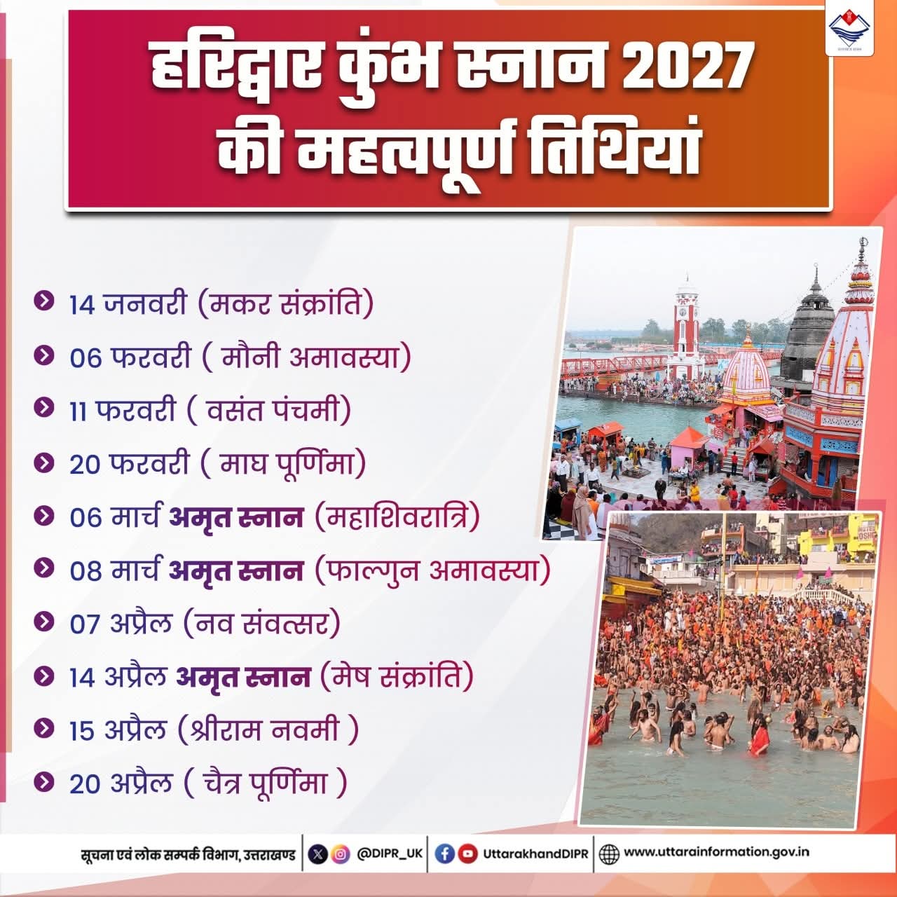 हरिद्वार कुंभ स्नान 2027 की महत्वपूर्ण तिथियां